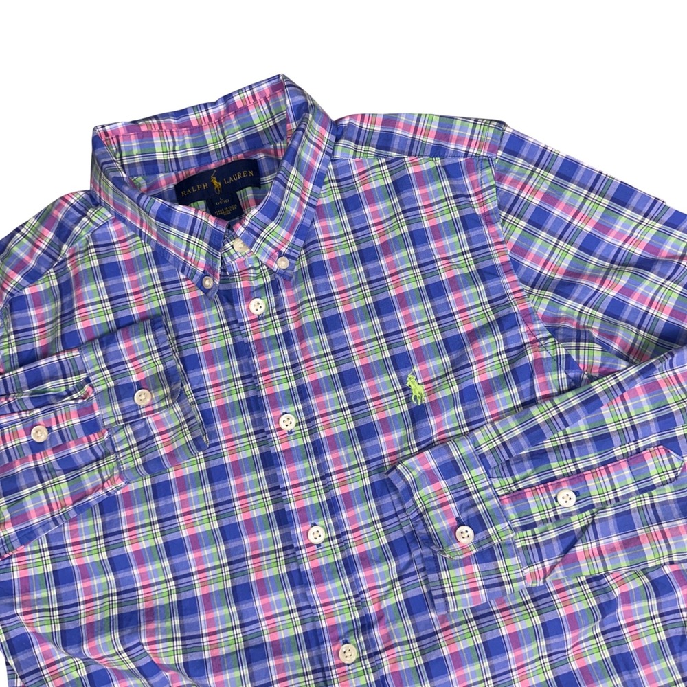 Ralph Lauren Plaid Button Down Blue Pink Long Sleeve Dress Shirt Pony Boy's L 14